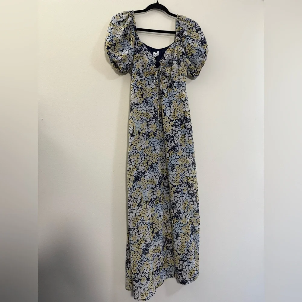 & MERCI Floral Puff Sleeve Maxi Dress in‎ Blue and Yellow - M